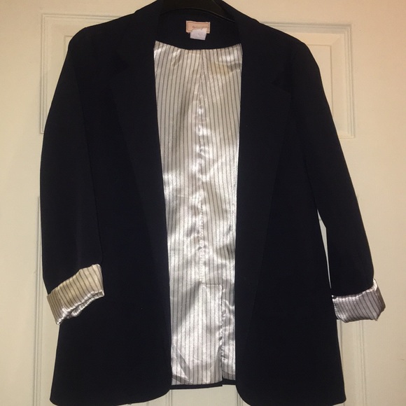 Navy blue blazer with pinstripe detailing. - Picture 2 of 6